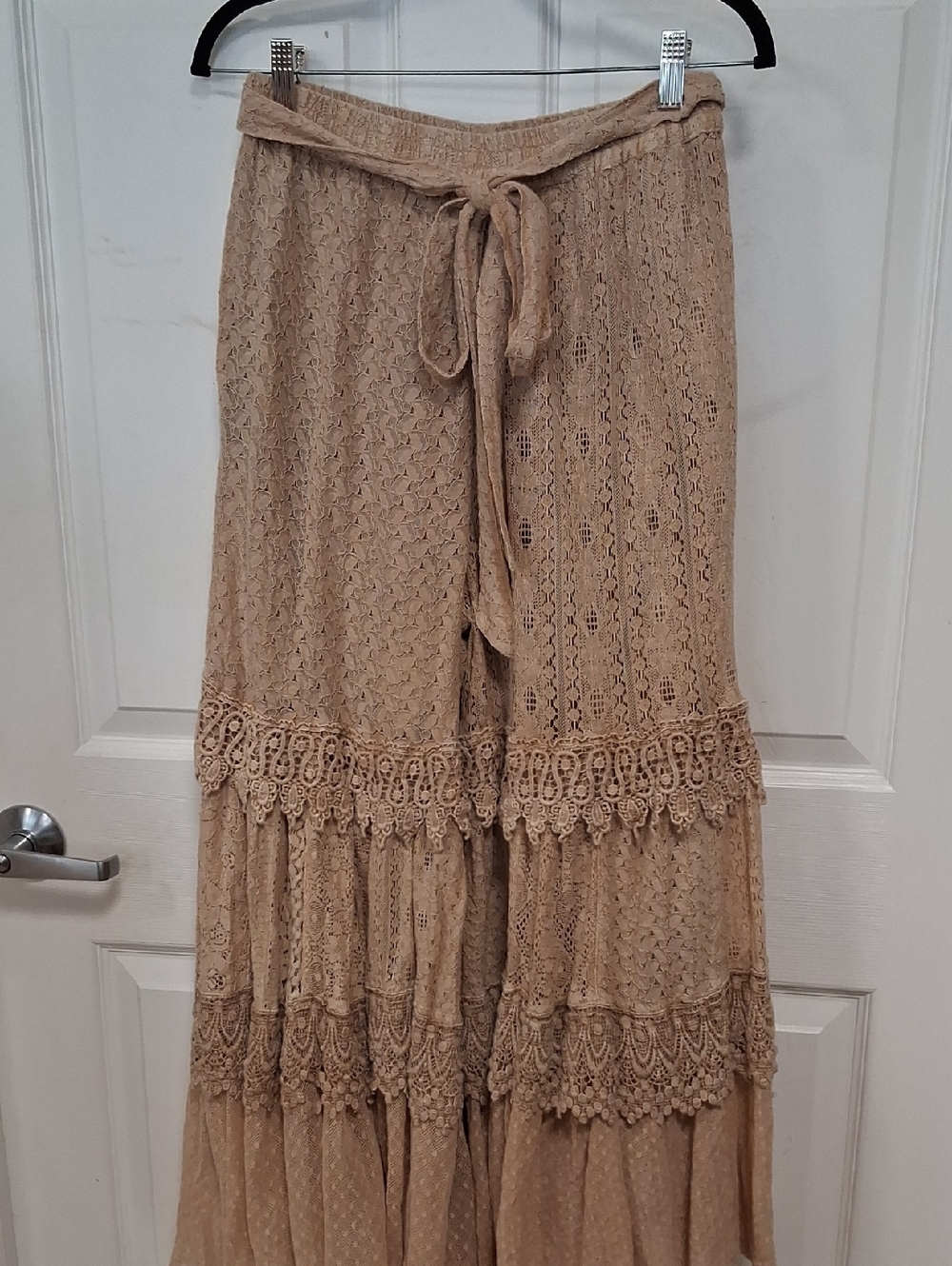 Wide Leg Lace-Tiered Pants in Beige